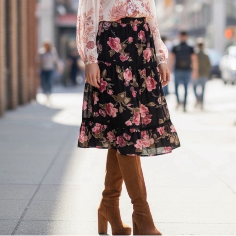 Floral Boho Retro 70s Hippie Cottagecore Ruffle Midi Prairie Skirt Black SZ M